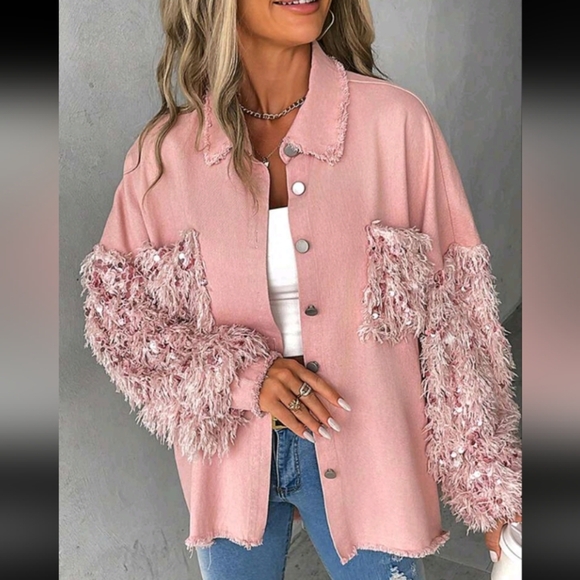 Spring & Fall Turn-Down Collar Contrast Sequin Raw Hem Button Front Shack - Picture 4 of 6